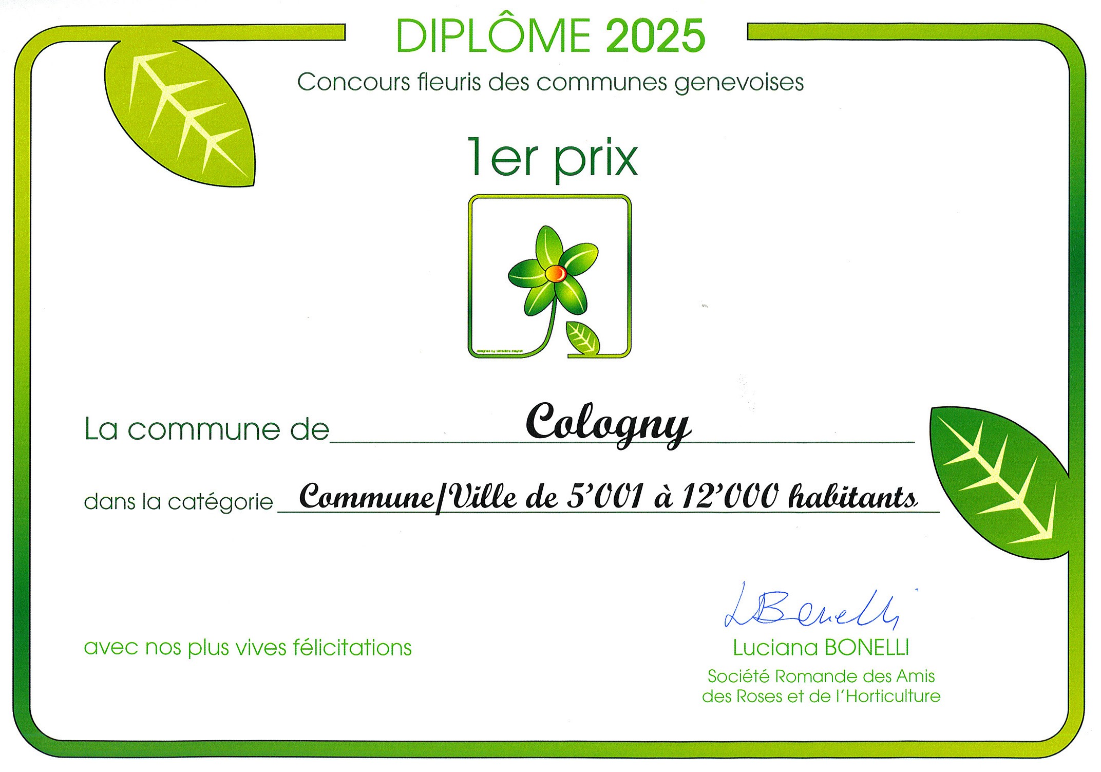 Diplôme du concours fleuri des communes genevoises 2025 (1er prix)