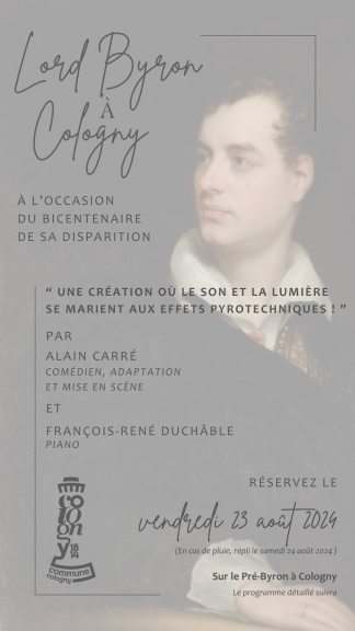 Save the date pour le 23 août 2023 avec un portrait de Lord Byron en arrière-plan