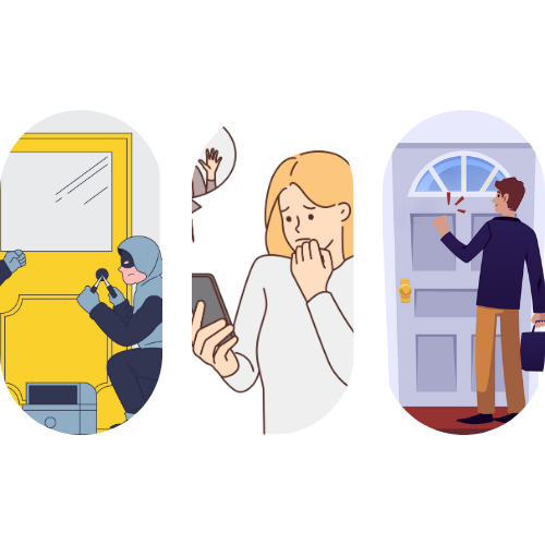 Illustration des thème cambriolage, arnaque en ligne et démarchage à domicile