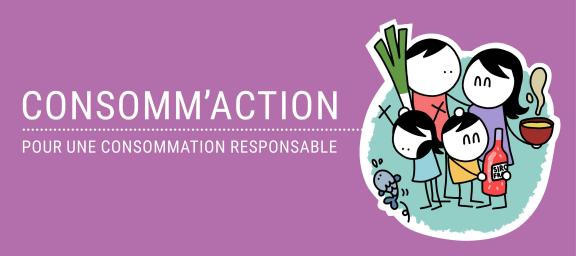 logo de la campagne d'information "Consom'action - pour une consommation responsable" (4 personnages dessinés tenant des plats ou boissons)