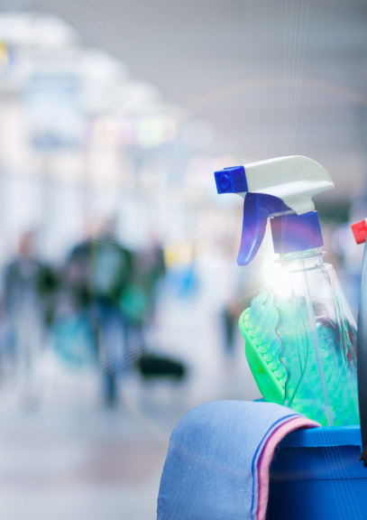 illustration - au premier plan un spray de nettoyage et des chiffons (arrière-plan flouté)