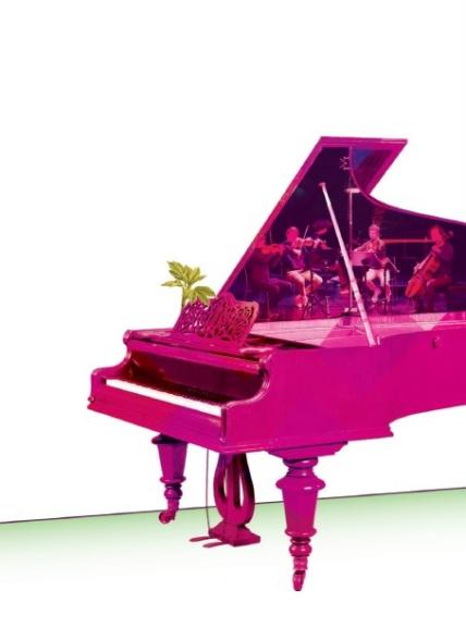 illustration d'un piano à queue rose avec une photo de musiciens sur l'intérieur du couvercle entrouvert