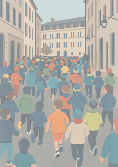 image de synthèse d'un peloton de coureurs de dos dans une rue de la vieille ville