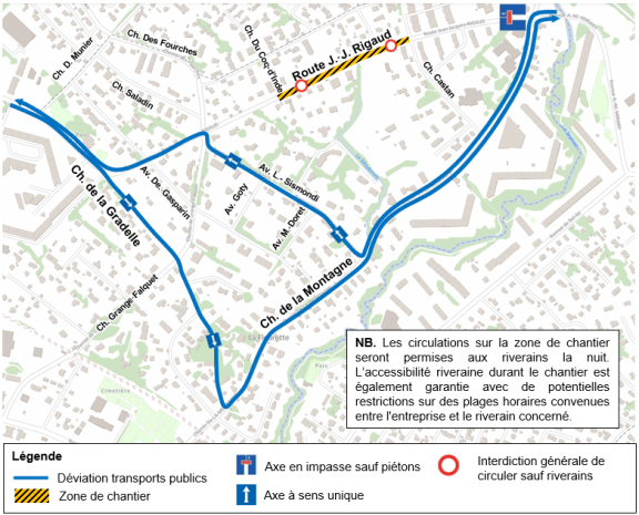 Carte de la déviation des lignes de bus de l'étape 3.4 des travaux