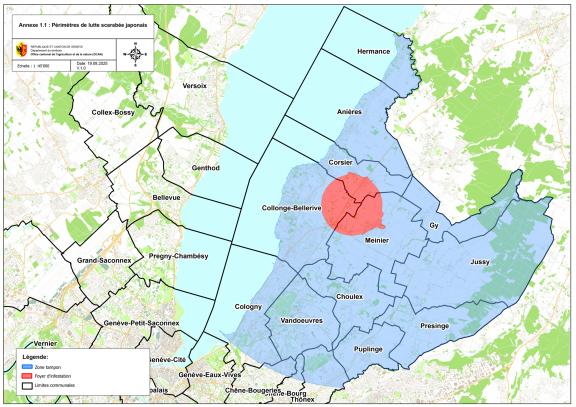 Carte du périmètre de lutte; cologny est dans la zone bleue