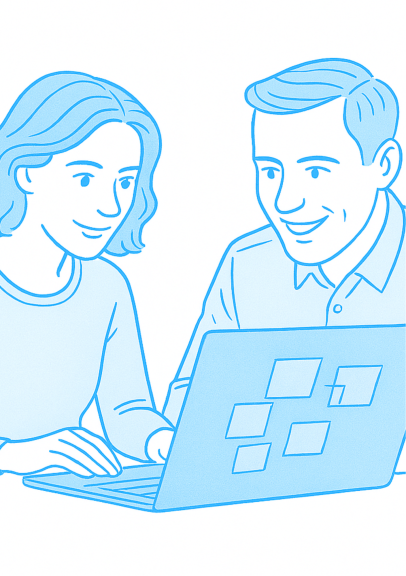 illustration d'un homme et d'une femme utilisant un ordinateur portable