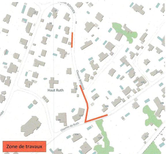 Plan des emplacements de travux de mars-avril 2026 au chemin de Ruth et au chemin Boissier