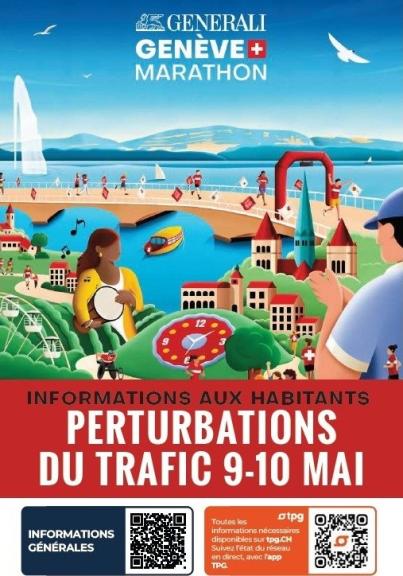 affiche du Marathon: dessin de la vue de la rade avec le pont du Mont-Blanc