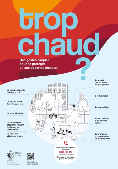affiche canicule : texte: "trop chaud?" suivi de quelques conseils