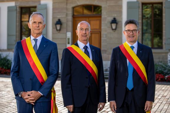 Conseil administratif de Cologny, de gauche à droite: Pascal Hornung, Conseiller administratif; Alexandre Bodmer, Maire; Edouard Cuendet, Conseiller administratif