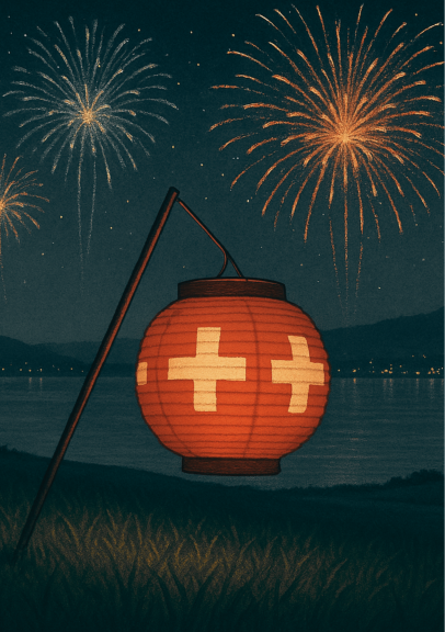 illustration d'un lampion au drapeau suisse au pPré Byron avec un feux d'artifice dans le ciel