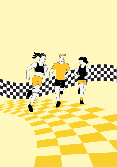 illustration: 3 coureuses et coureur sur fond de damier (jaune et noir au sol et noir et noir et blanc à la verticale)