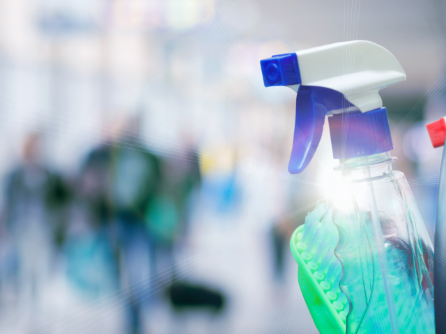 illustration - au premier plan un spray de nettoyage et des chiffons (arrière-plan flouté)
