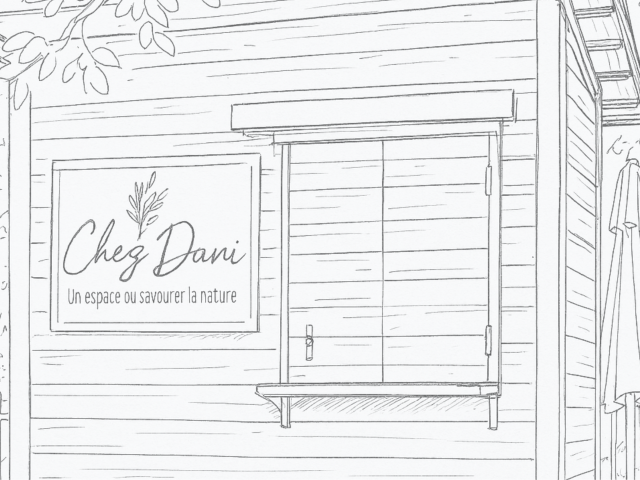 illustration au trait du chalet-buvette