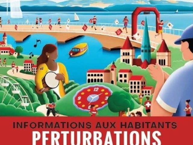 affiche du Marathon: dessin de la vue de la rade avec le pont du Mont-Blanc