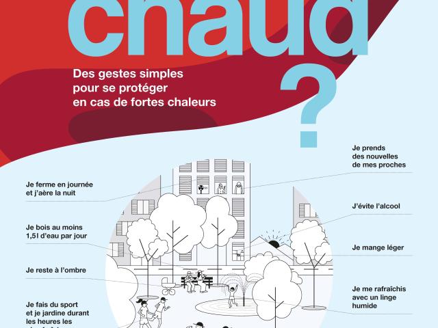 affiche canicule : texte: "trop chaud?" suivi de quelques conseils