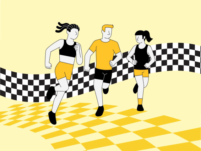 illustration: 3 coureuses et coureur sur fond de damier (jaune et noir au sol et noir et noir et blanc à la verticale)