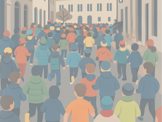 image de synthèse d'un peloton de coureurs de dos dans une rue de la vieille ville