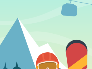 illustration d'une personne habillé pour le ski, avec un ski à la main et un arrière-plan de montagne stylisée avec un télécabine