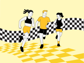 illustration: 3 coureuses et coureur sur fond de damier (jaune et noir au sol et noir et noir et blanc à la verticale)