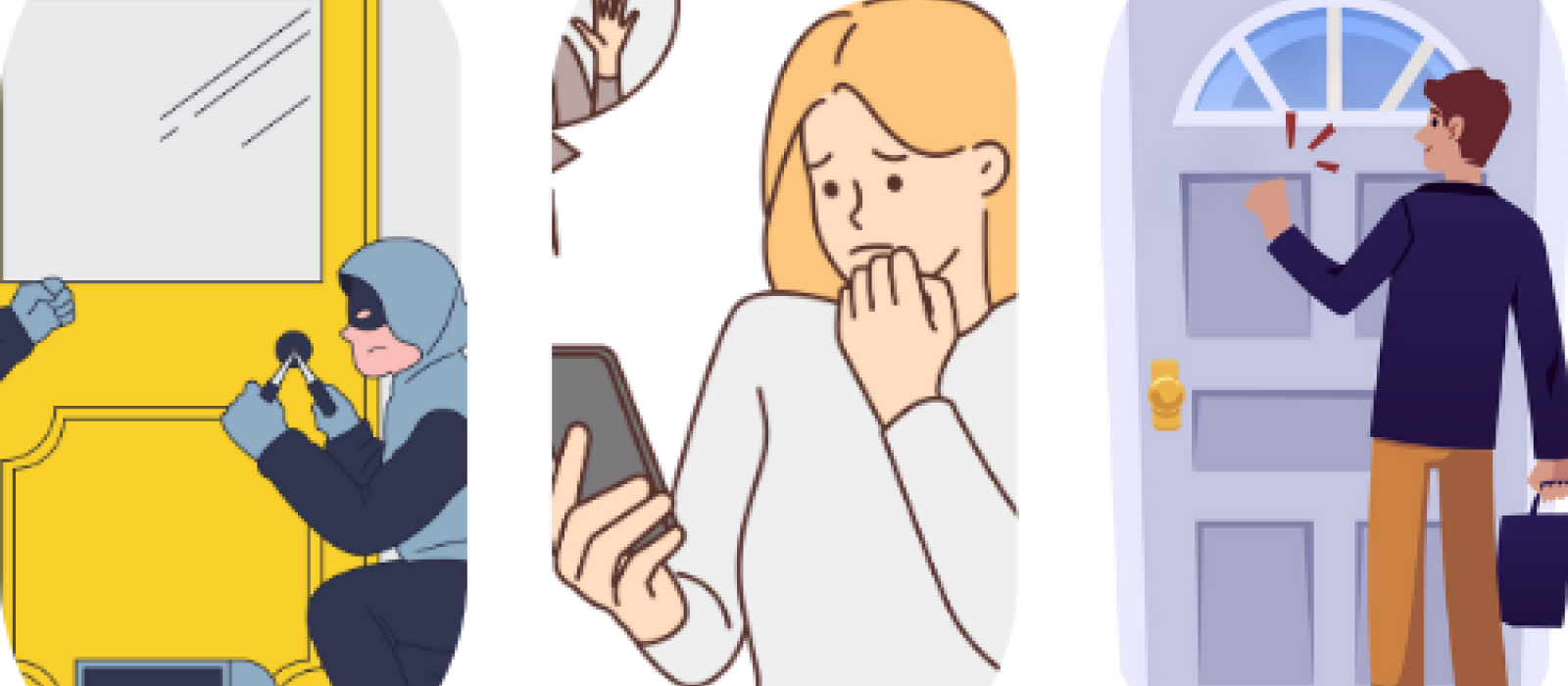 Illustration des thème cambriolage, arnaque en ligne et démarchage à domicile