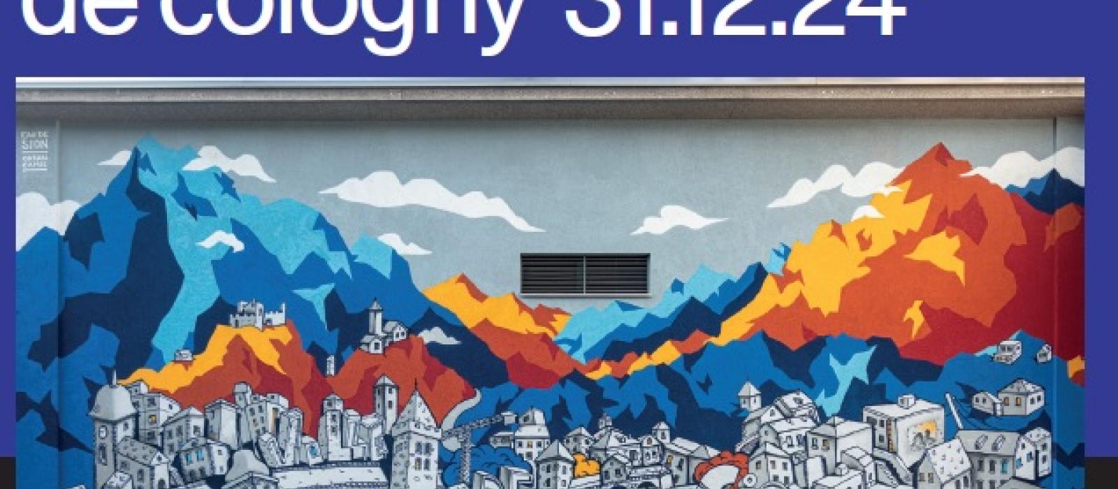Affiche de l'exposition avec une fresque représentant la Ville de Sion
