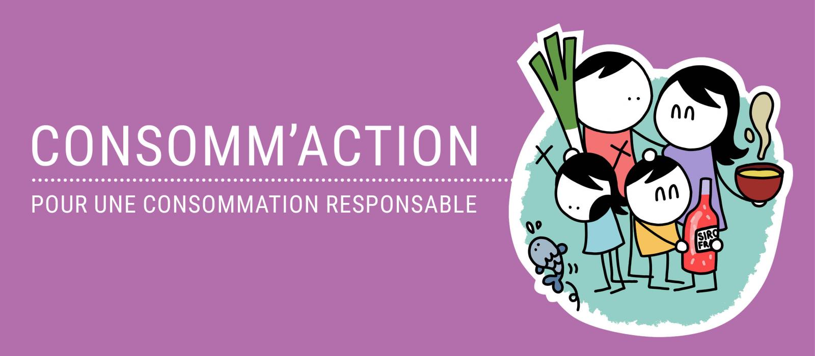 logo de la campagne d'information &quot;Consom'action - pour une consommation responsable&quot; (4 personnages dessinés tenant des plats ou boissons)