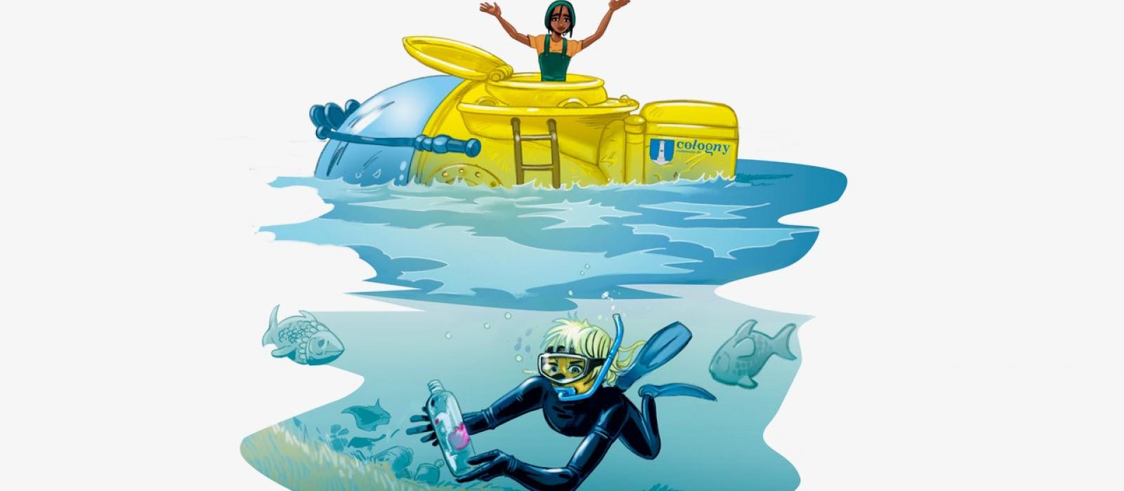 illustration de Philippe Rochat: sous-marin et plongeur dans l'eau