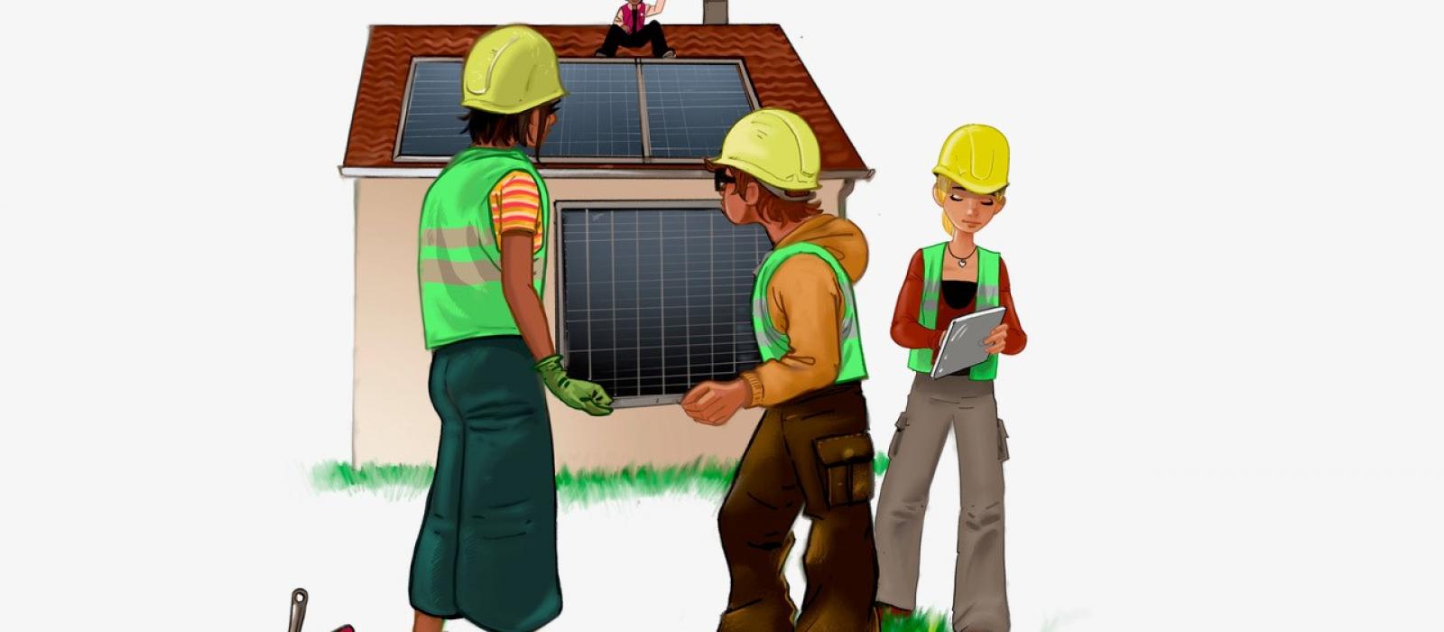 illustration de Philippe Rochat: Maison avec panneaux solaires en cours d'installation sur le toit par 3 ouvriers