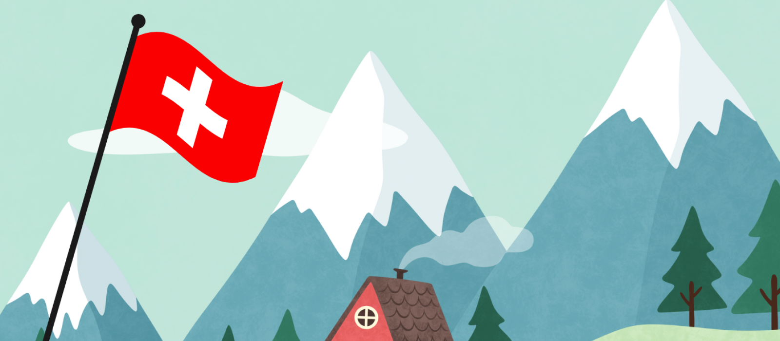visuel programme fête nationale: petite maison et drapeau suisse sur un mât dans un paysage herbeux vallonné avec une chaîne de montagne en arrière-plan