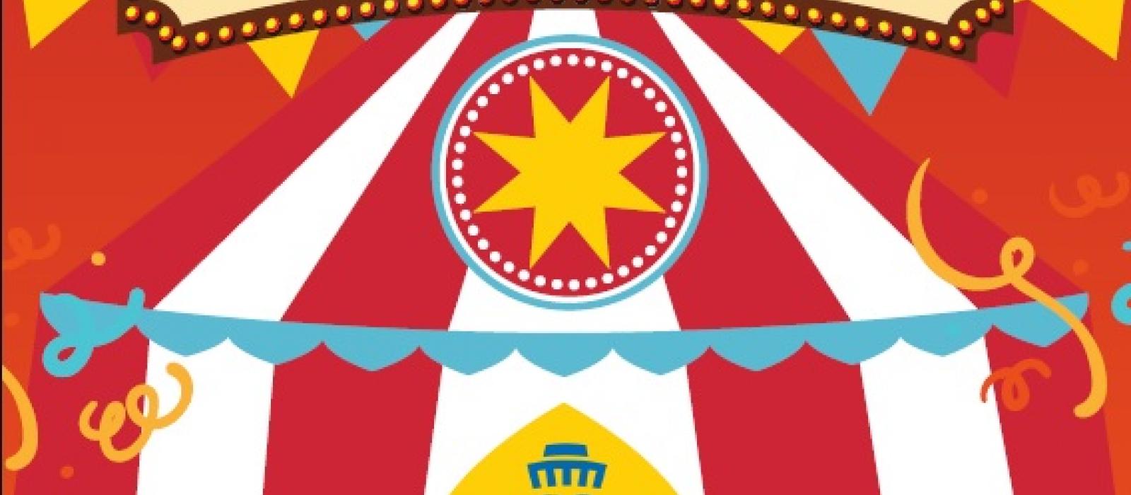 visuel de l'affiche des promotions: tente de cirque rouge et blanche avec un panneau annonçant les promotions de l'école du Manoir