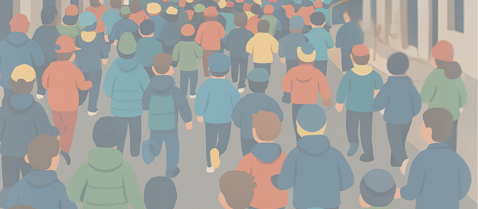 image de synthèse d'un peloton de coureurs de dos dans une rue de la vieille ville