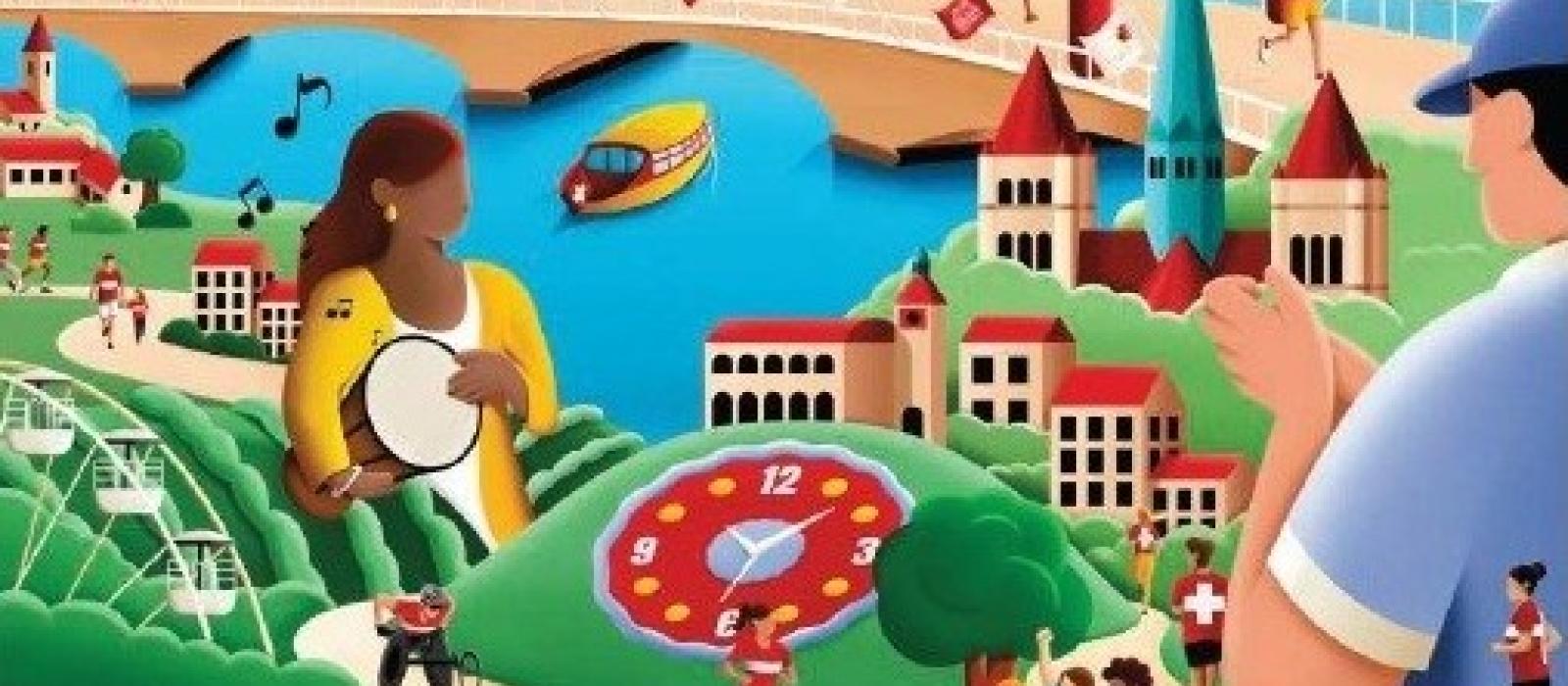 affiche du Marathon: dessin de la vue de la rade avec le pont du Mont-Blanc