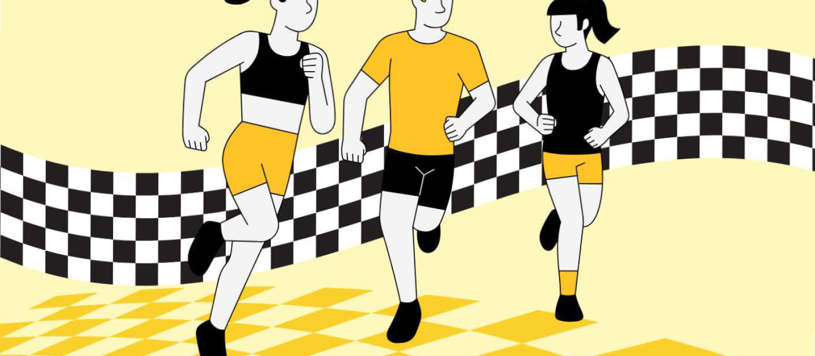 illustration: 3 coureuses et coureur sur fond de damier (jaune et noir au sol et noir et noir et blanc à la verticale)
